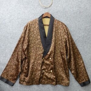Vintage Smoking Jacket Mens M Brown Gold Paisley Double Breasted Satin Lapel MOD